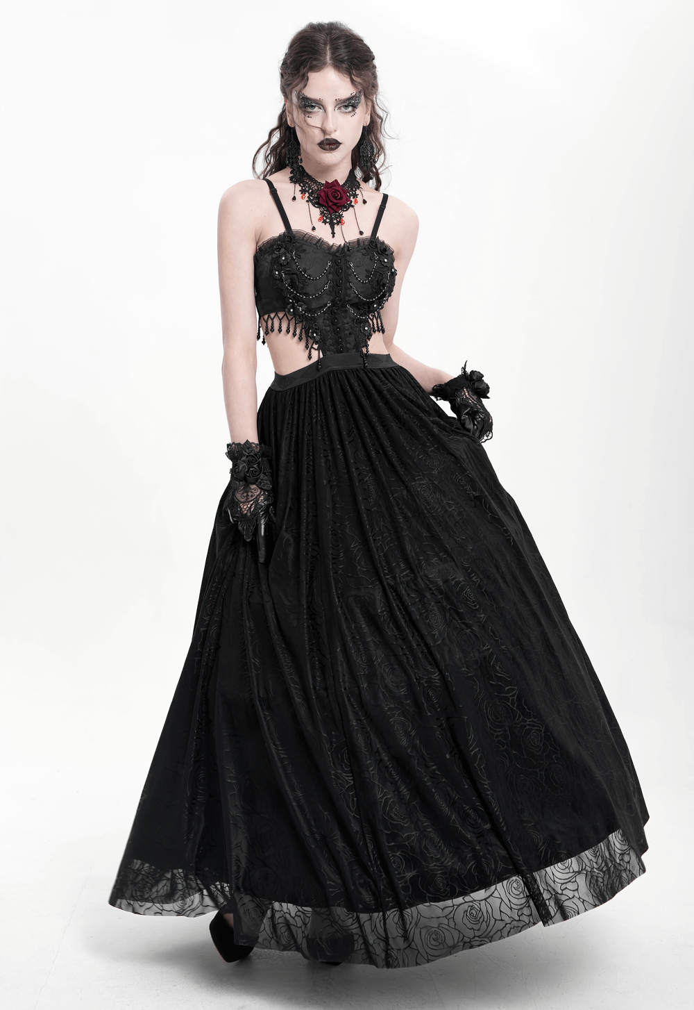 Gothic Black Lace and Rose Corset Dress with Flowing Skirt - image 16