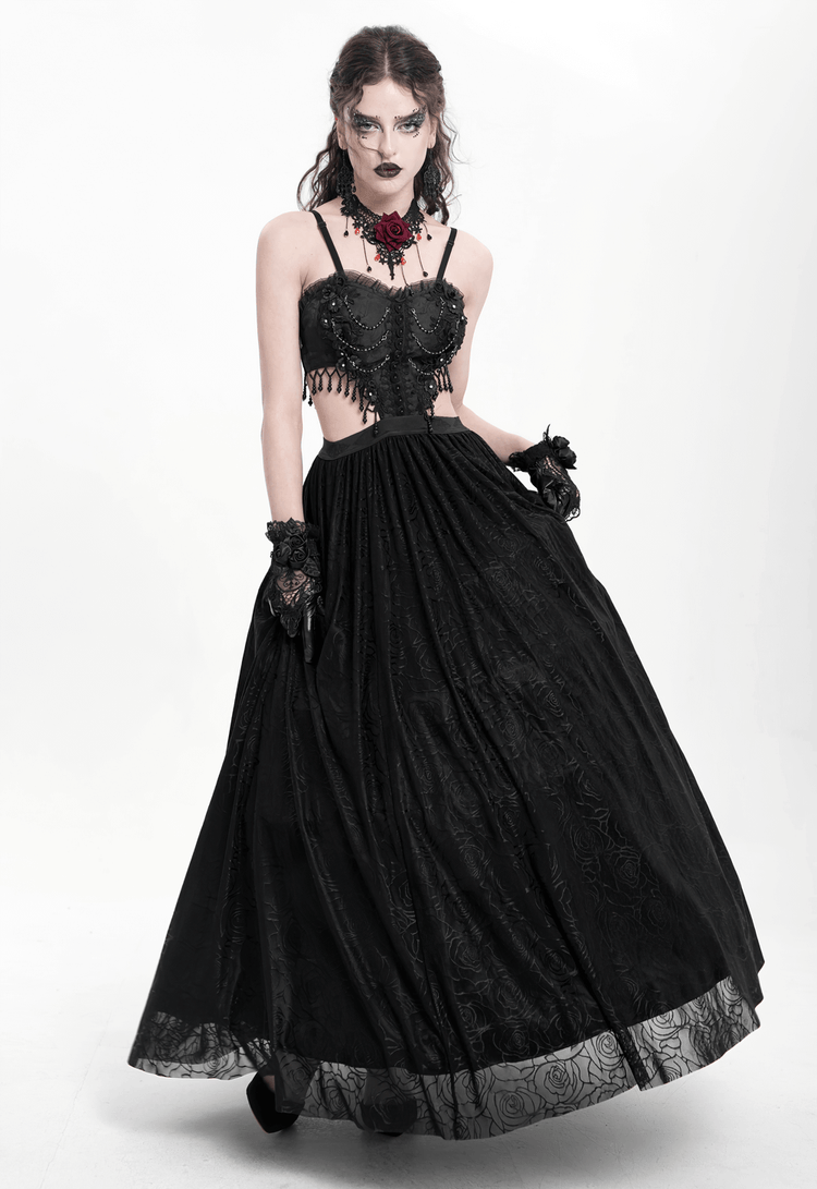 Gothic Black Lace and Rose Corset Dress with Flowing Skirt - image 16