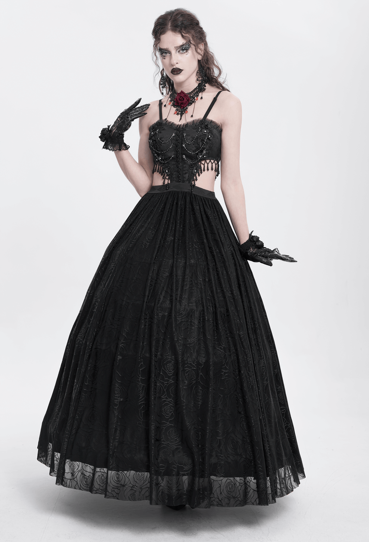 Gothic Black Lace and Rose Corset Dress with Flowing Skirt - image 17