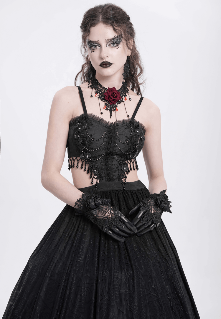 Gothic Black Lace and Rose Corset Dress with Flowing Skirt - image 11