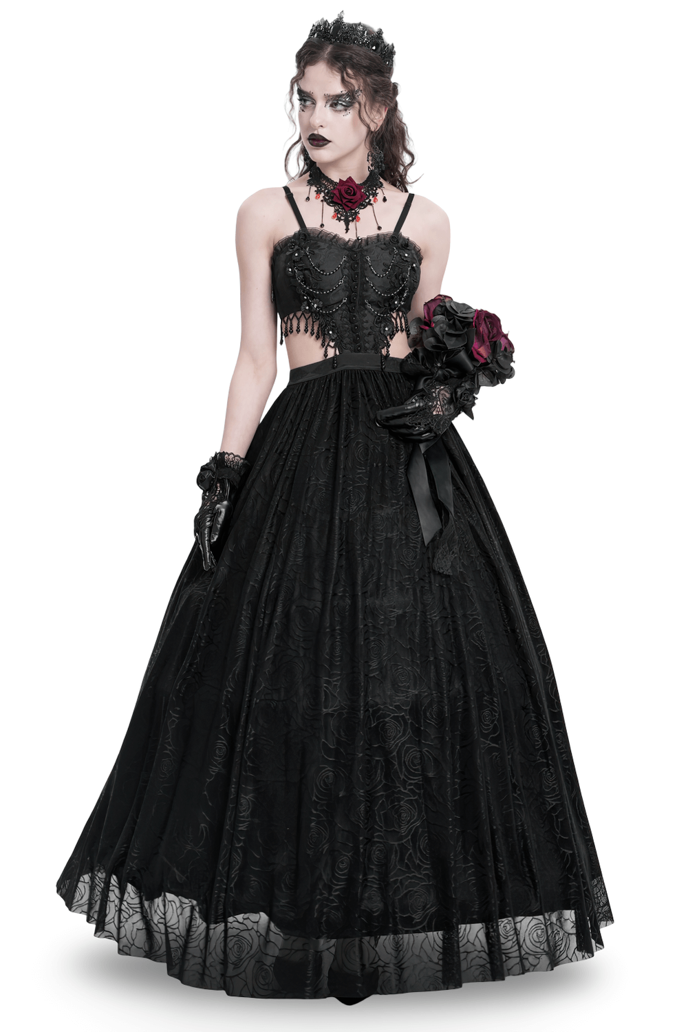 Gothic Black Lace and Rose Corset Dress with Flowing Skirt - image 1