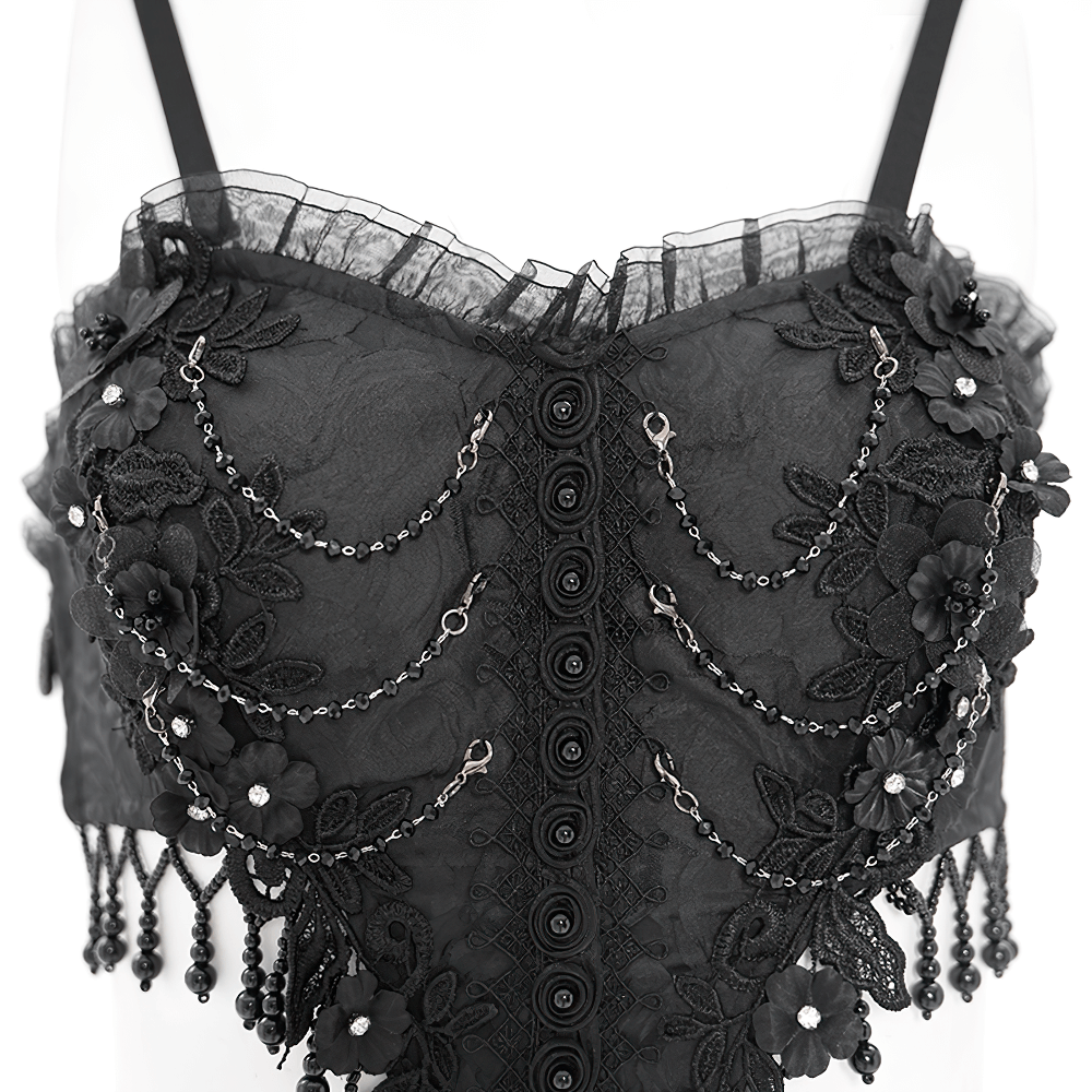 Gothic Black Lace and Rose Corset Dress with Flowing Skirt - image 6
