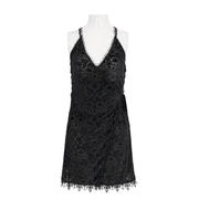 Gothic Black Lace Deep V-Neck Short Dress / Sexy Straps Nightdress With a Slit - image 3