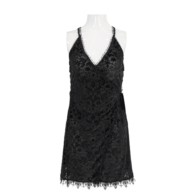 Gothic Black Lace Deep V-Neck Short Dress / Sexy Straps Nightdress With a Slit - image 3