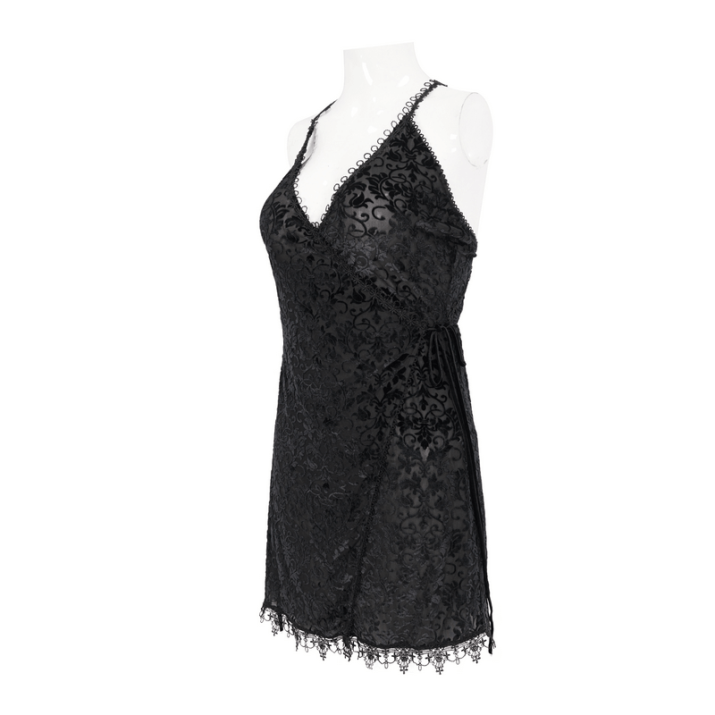 Gothic Black Lace Deep V-Neck Short Dress / Sexy Straps Nightdress With a Slit - image 4