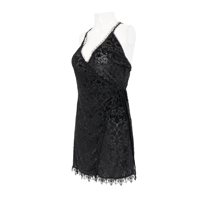 Gothic Black Lace Deep V-Neck Short Dress / Sexy Straps Nightdress With a Slit - image 4