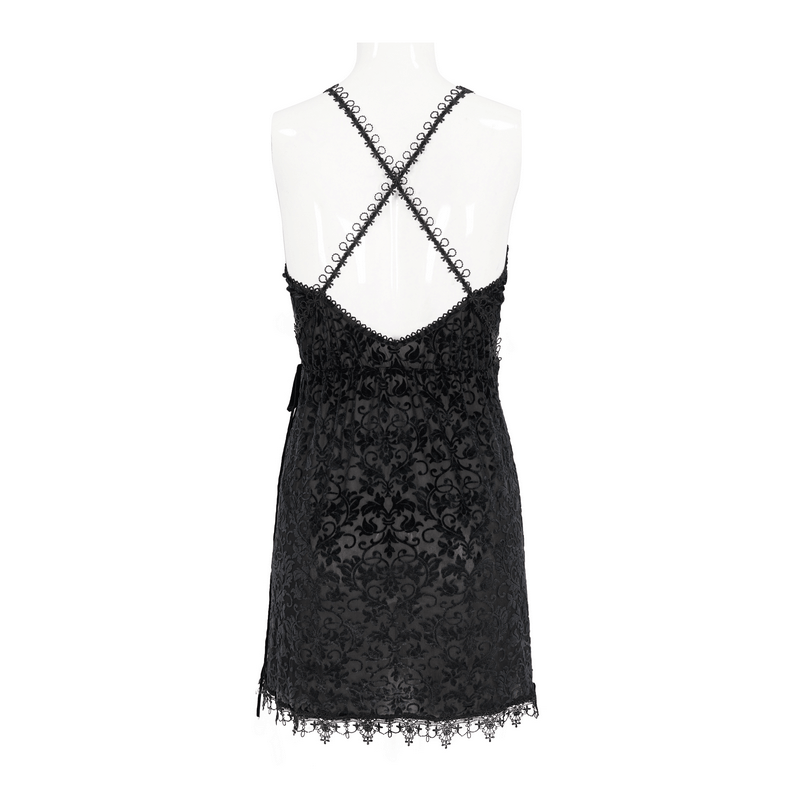 Gothic Black Lace Deep V-Neck Short Dress / Sexy Straps Nightdress With a Slit - image 6