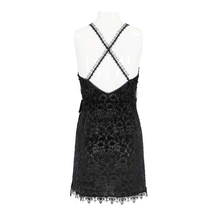 Gothic Black Lace Deep V-Neck Short Dress / Sexy Straps Nightdress With a Slit - image 6