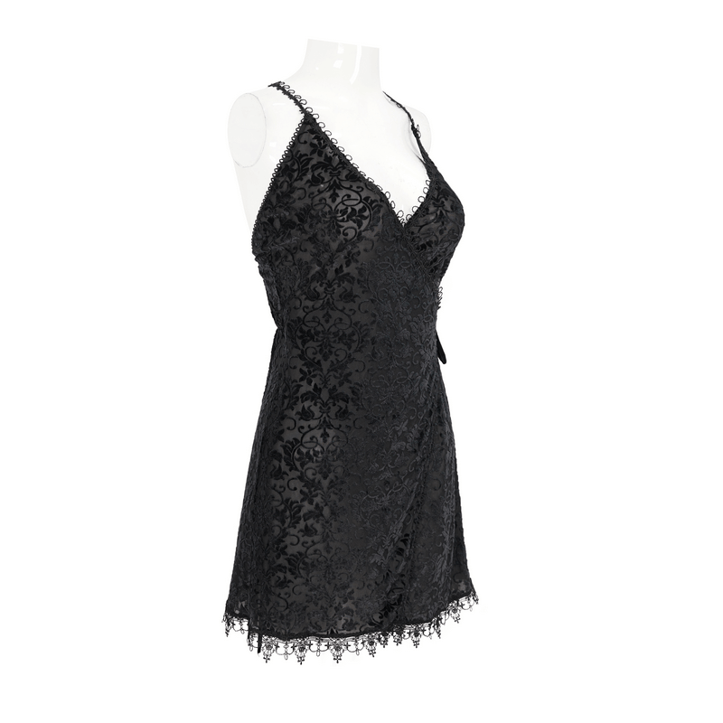 Gothic Black Lace Deep V-Neck Short Dress / Sexy Straps Nightdress With a Slit - image 5