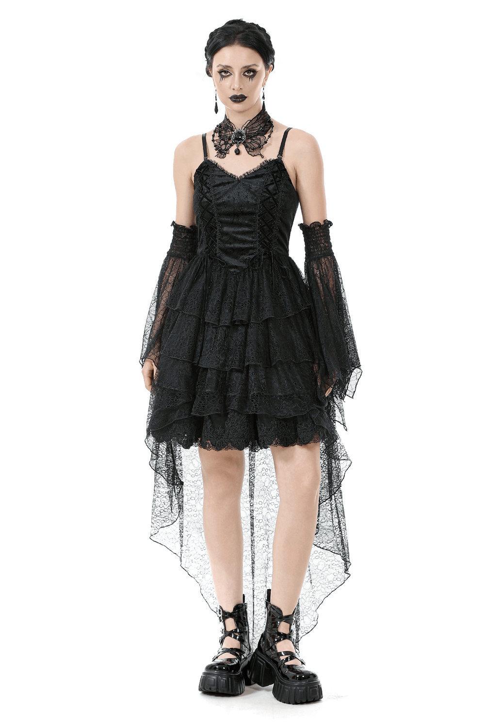 Gothic Black Lace Dress with Corset Bodice and Tiers - image 1