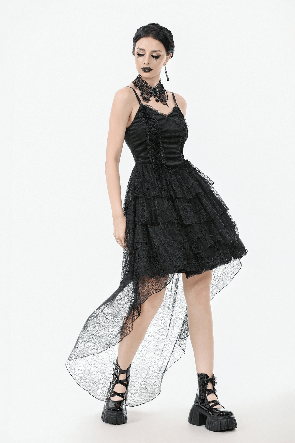 Gothic Black Lace Dress with Corset Bodice and Tiers - image 12