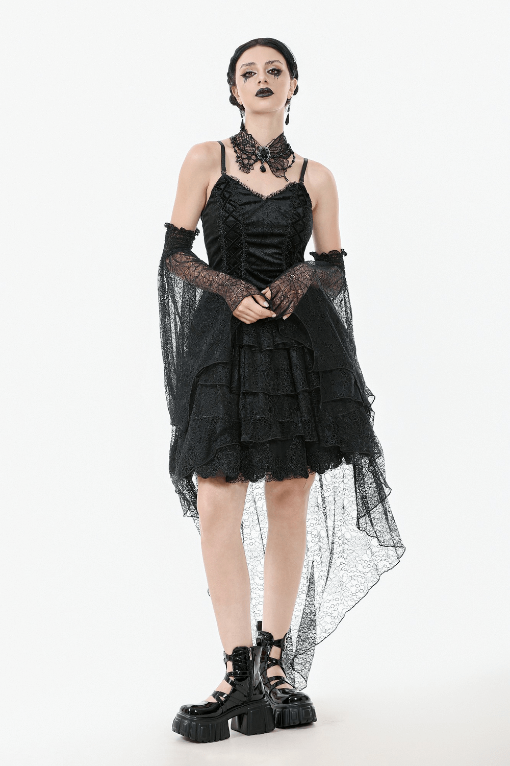 Gothic Black Lace Dress with Corset Bodice and Tiers - image 11