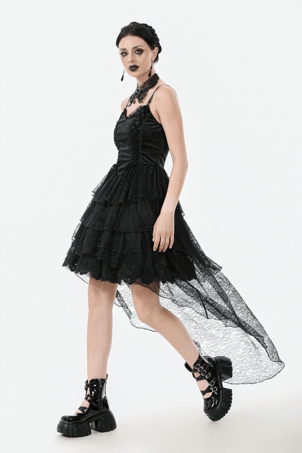 Gothic Black Lace Dress with Corset Bodice and Tiers - image 14