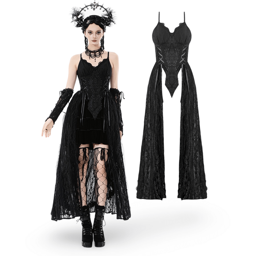 Gothic Black Lace Maxi Dress with Split Panels - image 3