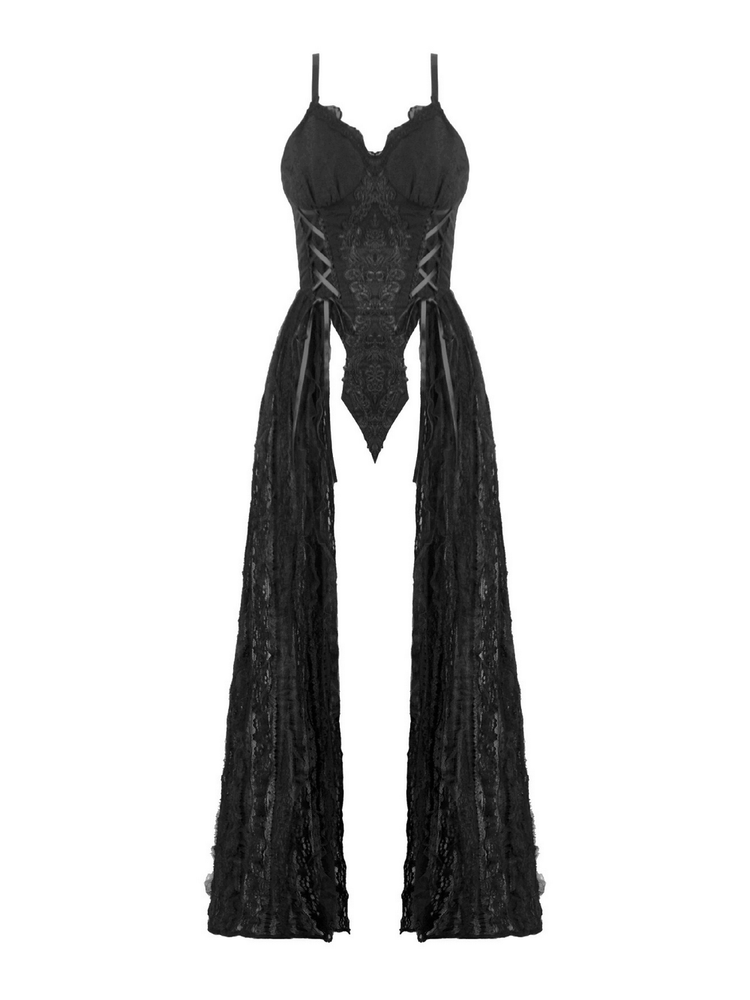 Gothic Black Lace Maxi Dress with Split Panels - image 4