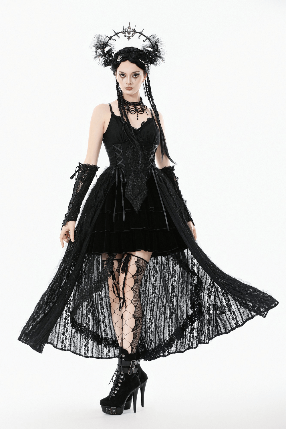 Gothic Black Lace Maxi Dress with Split Panels - image 15