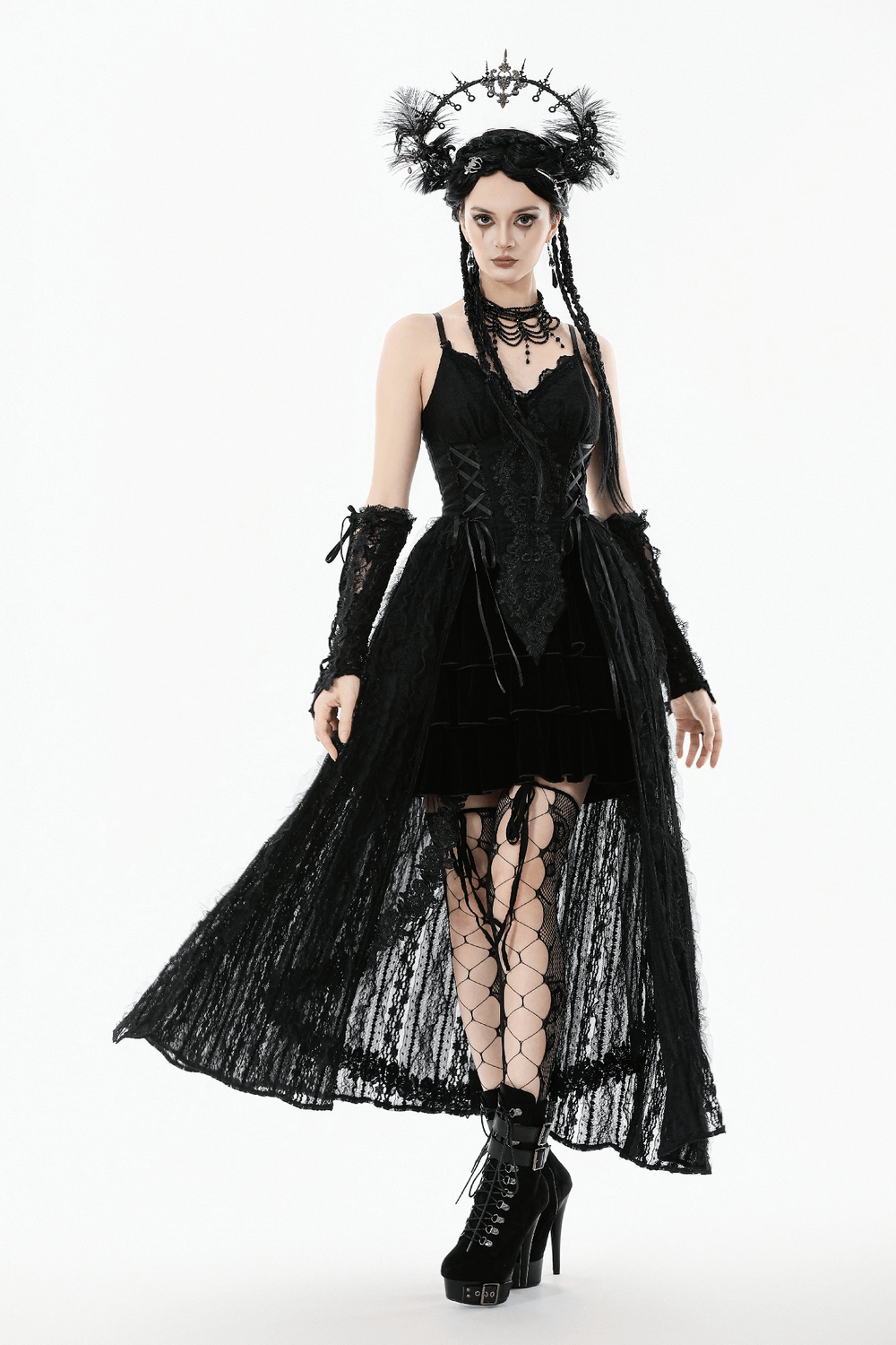 Gothic Black Lace Maxi Dress with Split Panels - image 14
