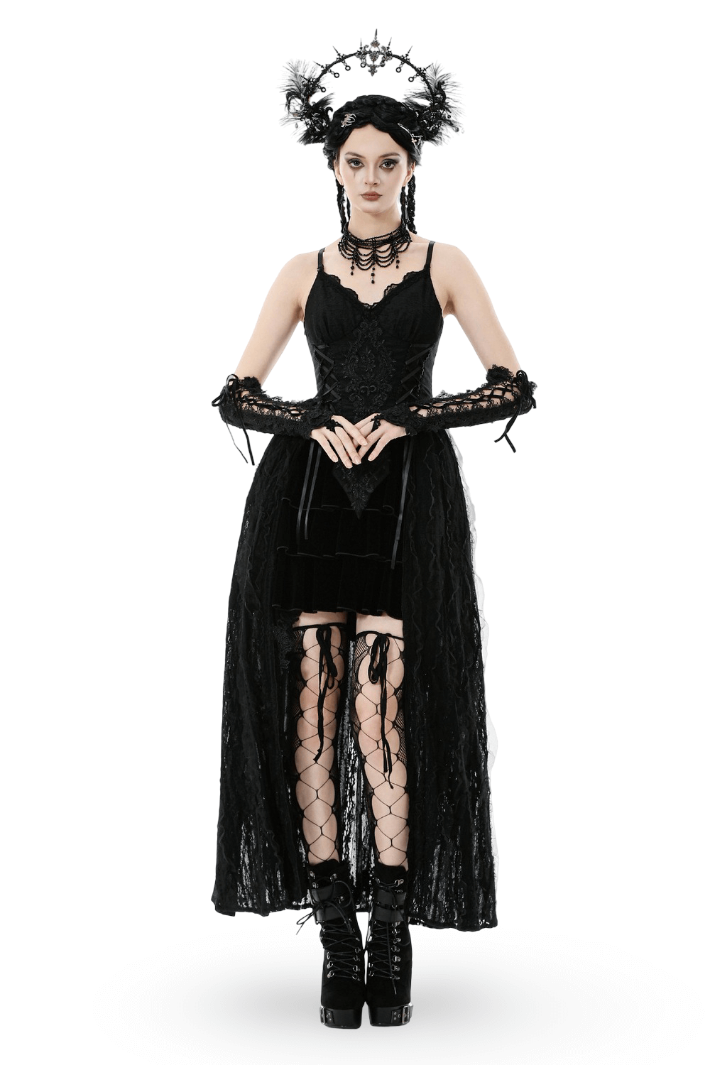 Gothic Black Lace Maxi Dress with Split Panels - image 1