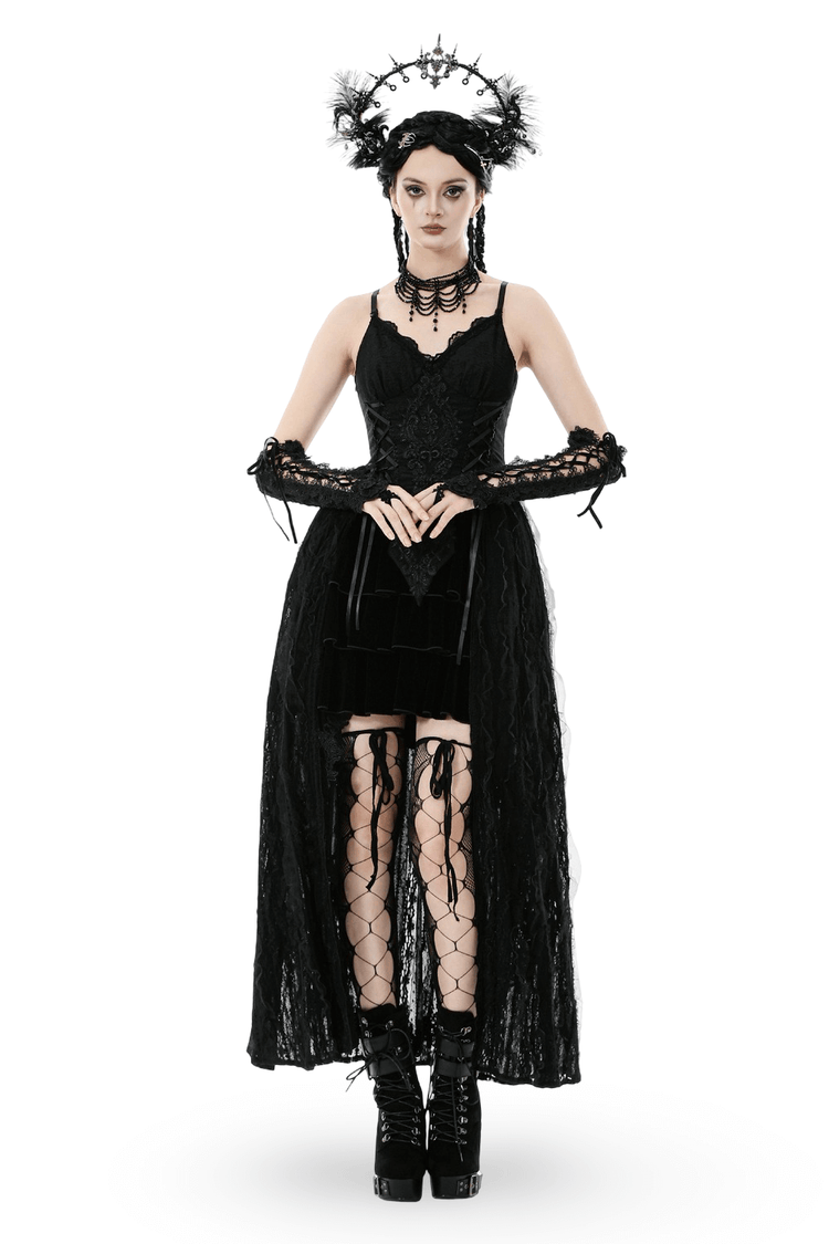 Gothic Black Lace Maxi Dress with Split Panels - image 1