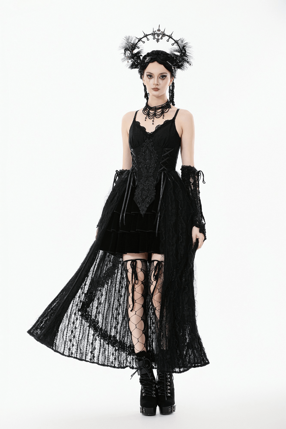 Gothic Black Lace Maxi Dress with Split Panels - image 13