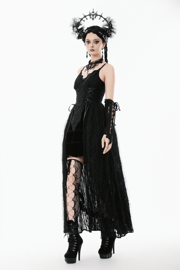 Gothic Black Lace Maxi Dress with Split Panels - image 12