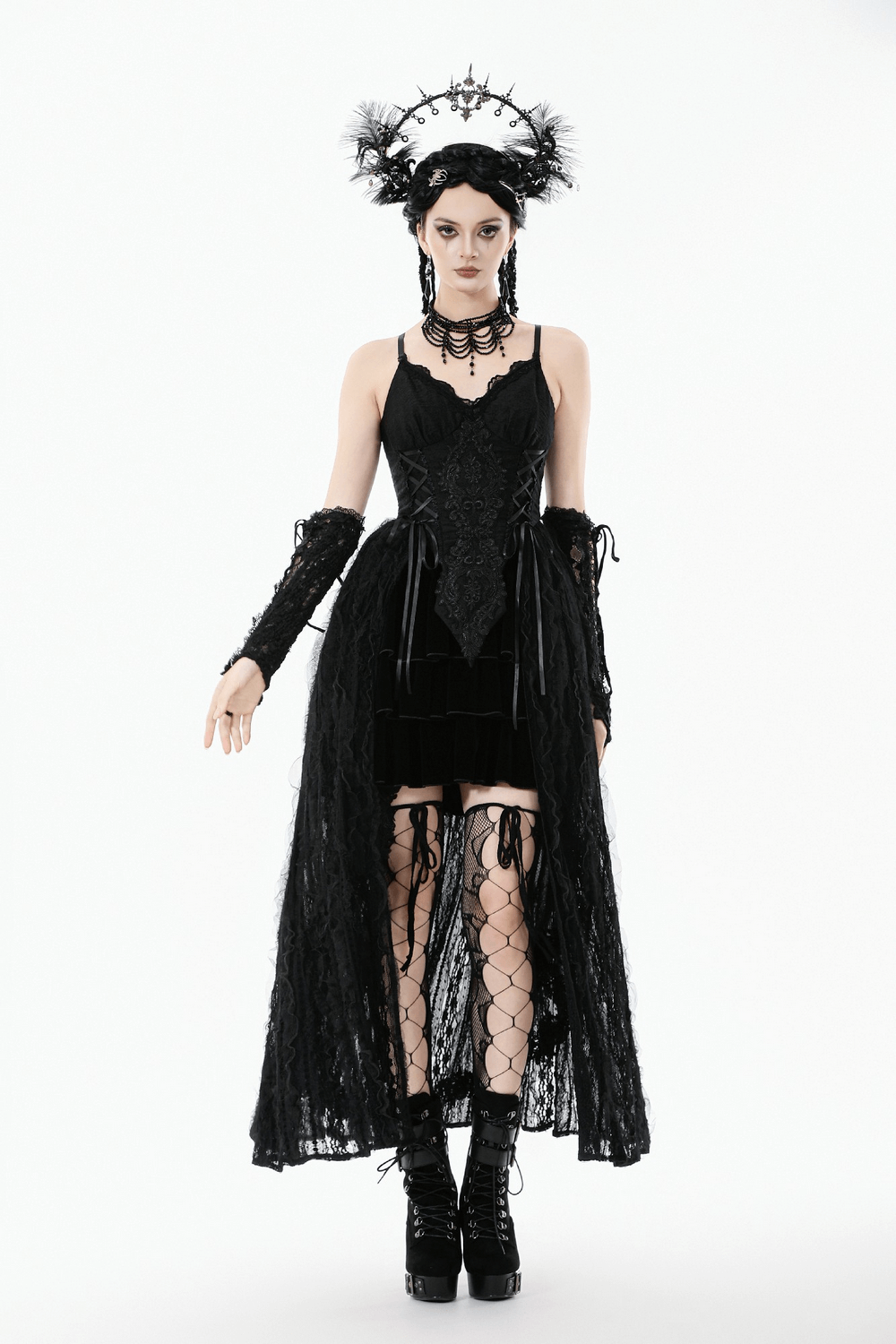 Gothic Black Lace Maxi Dress with Split Panels - image 11
