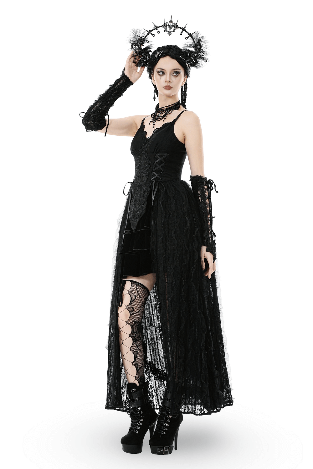 Gothic Black Lace Maxi Dress with Split Panels - image 2