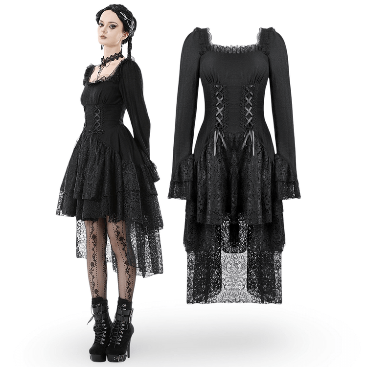 Gothic Black Lace Medieval Dress with Corset Detail - image 3