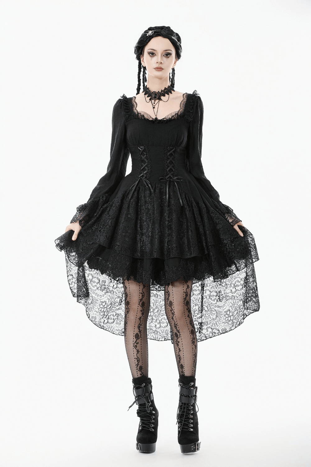 Gothic Black Lace Medieval Dress with Corset Detail - image 17