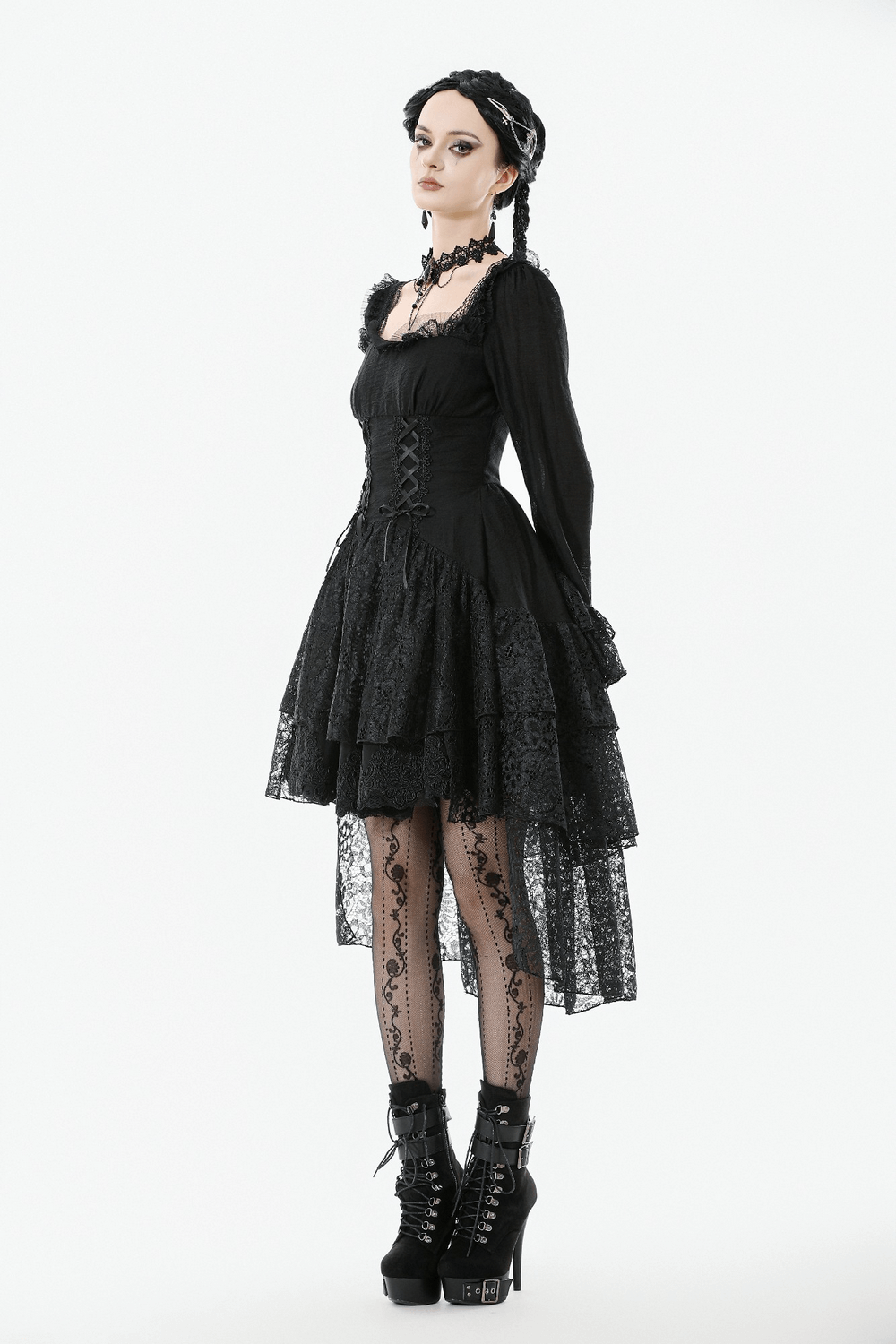 Gothic Black Lace Medieval Dress with Corset Detail - image 16