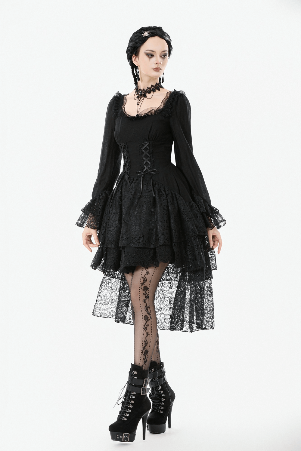 Gothic Black Lace Medieval Dress with Corset Detail - image 15
