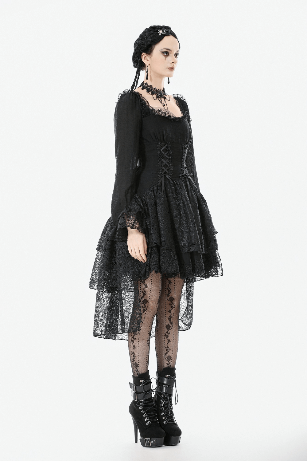 Gothic Black Lace Medieval Dress with Corset Detail - image 14