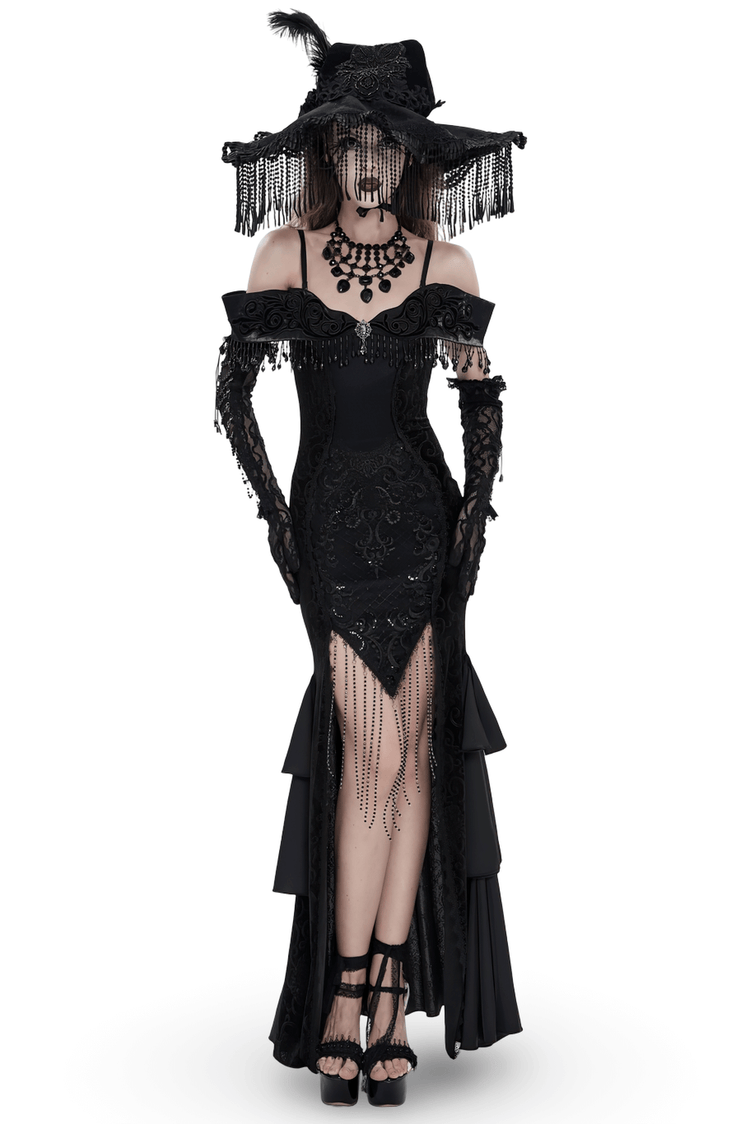 Gothic Black Lace Off-Shoulder Dress with Ruffles and Beads - image 1