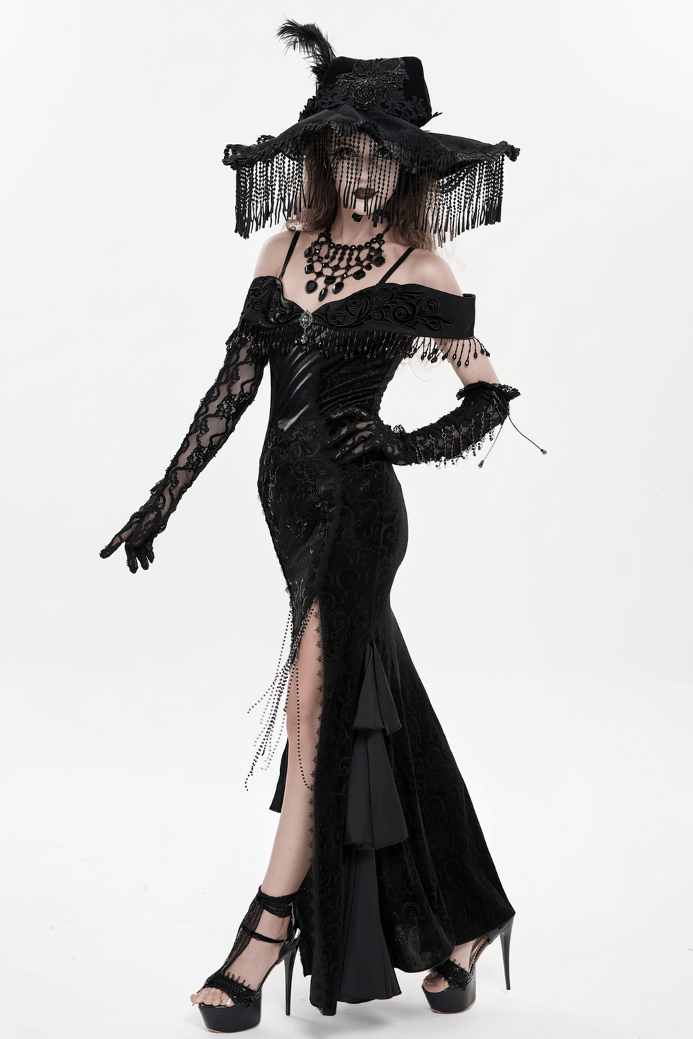 Gothic Black Lace Off-Shoulder Dress with Ruffles and Beads - image 17