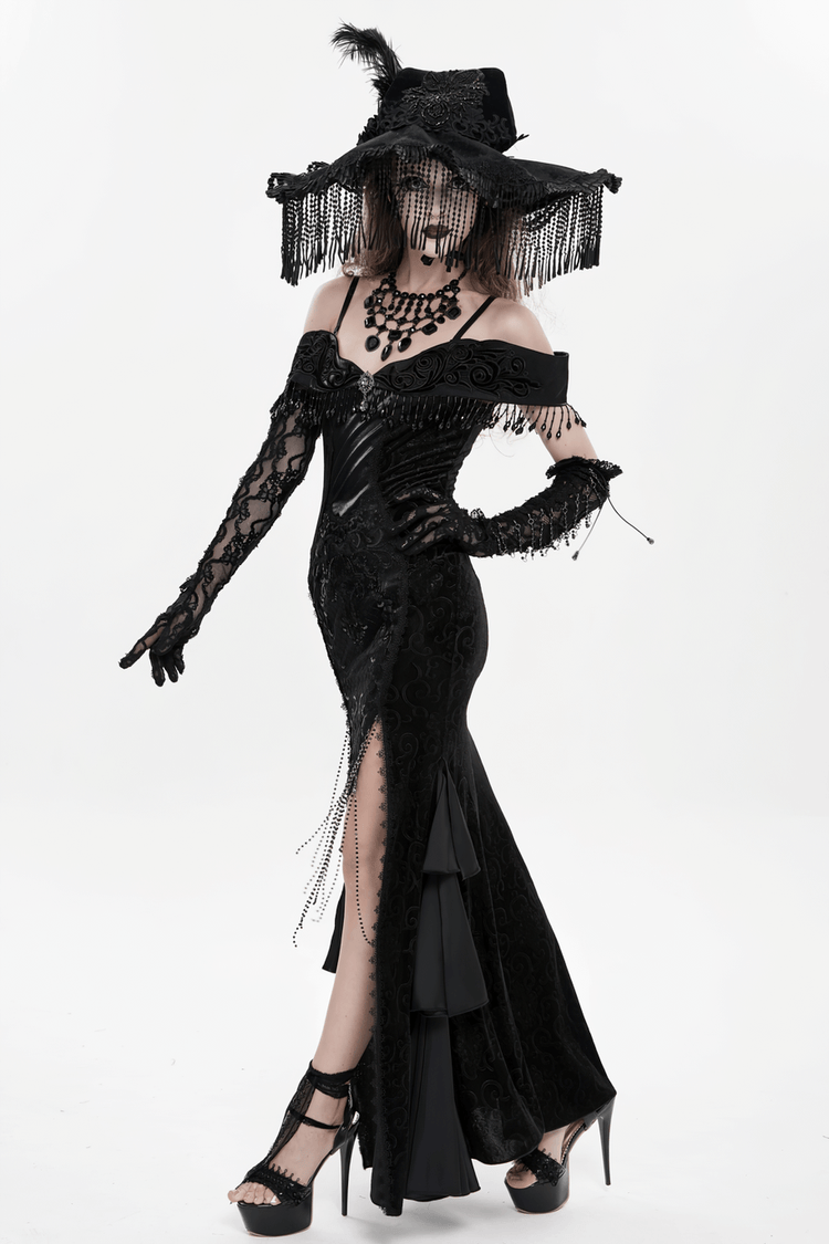 Gothic Black Lace Off-Shoulder Dress with Ruffles and Beads - image 17