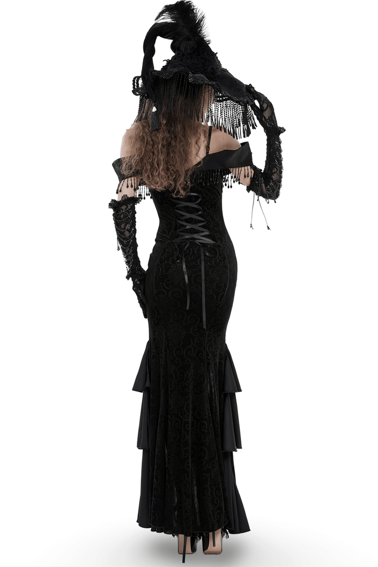 Gothic Black Lace Off-Shoulder Dress with Ruffles and Beads - image 2