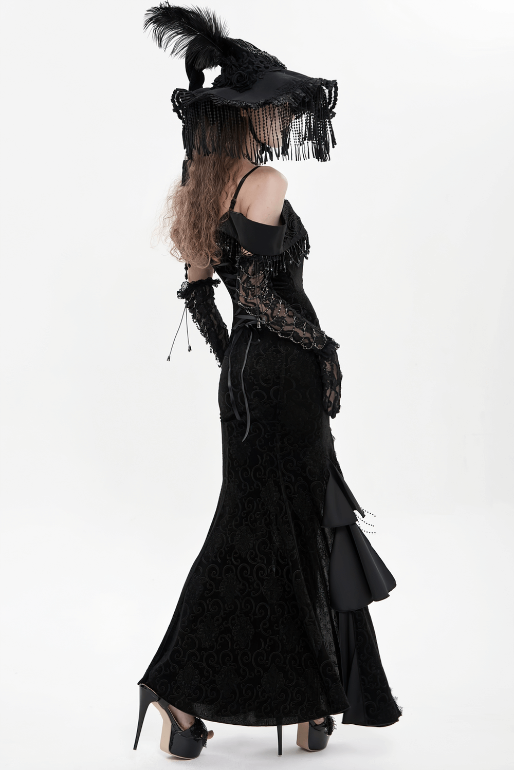 Gothic Black Lace Off-Shoulder Dress with Ruffles and Beads - image 20