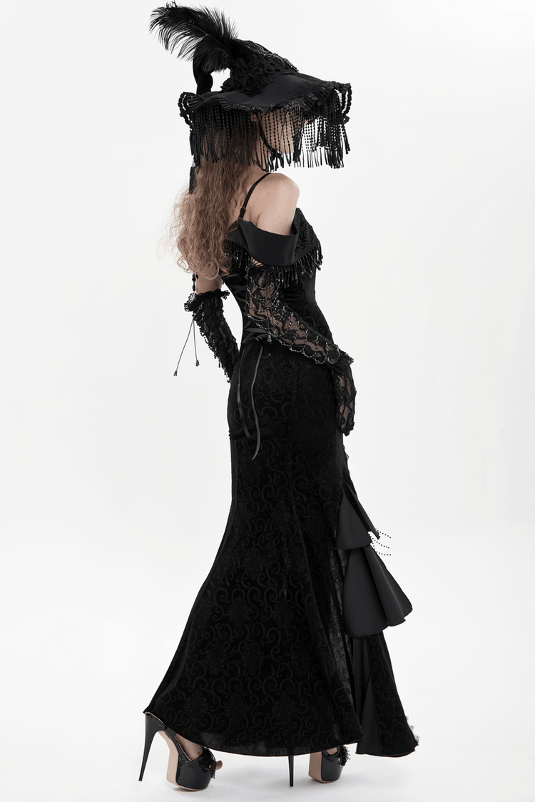 Gothic Black Lace Off-Shoulder Dress with Ruffles and Beads - image 20