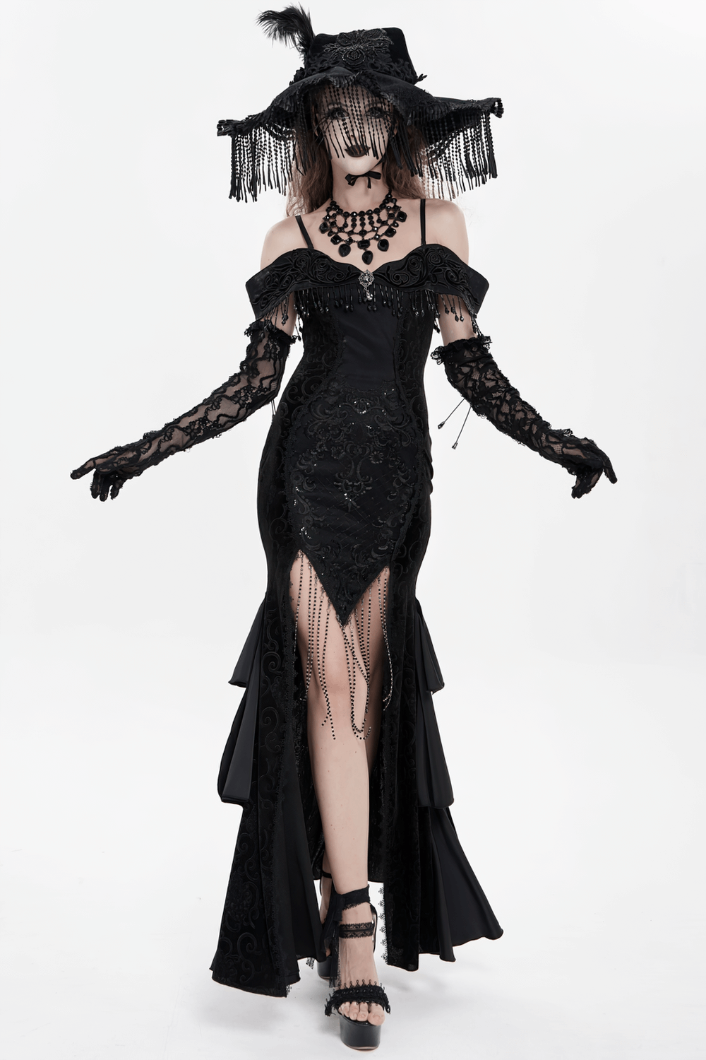 Gothic Black Lace Off-Shoulder Dress with Ruffles and Beads - image 21