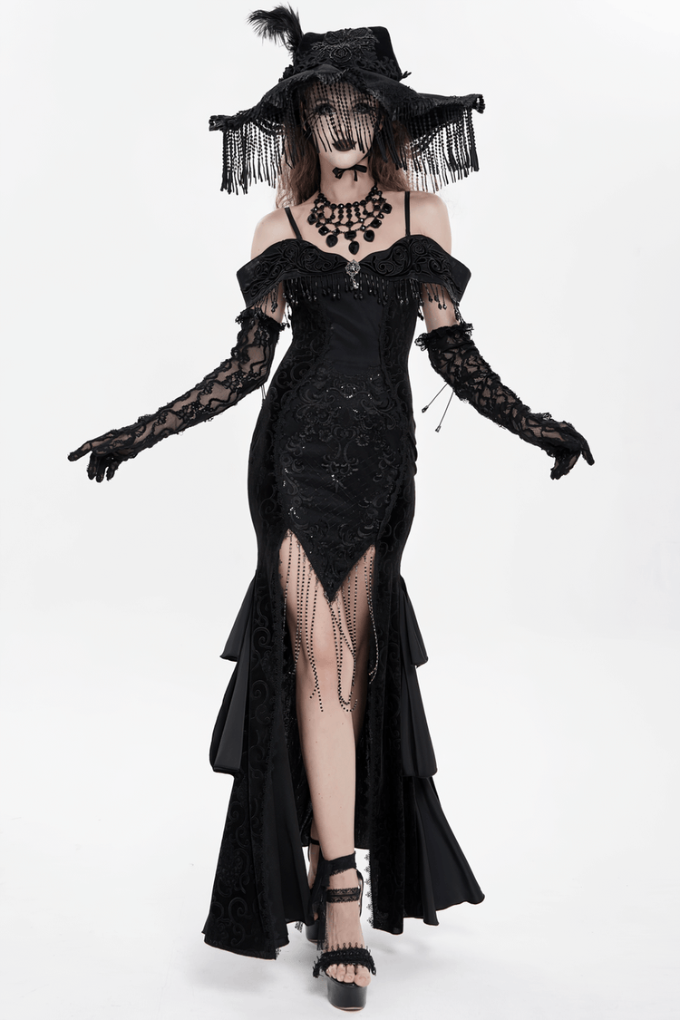 Gothic Black Lace Off-Shoulder Dress with Ruffles and Beads - image 21