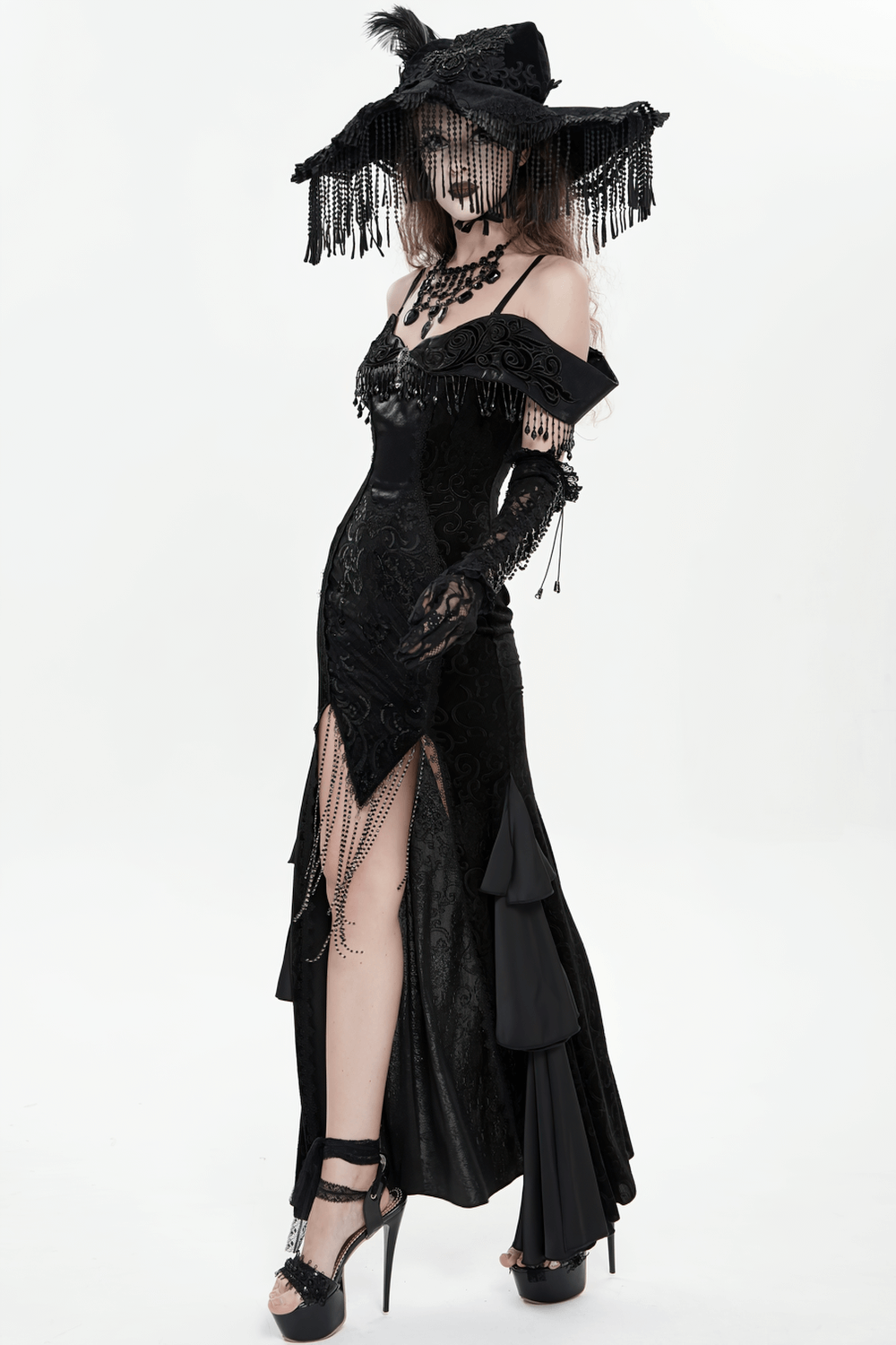 Gothic Black Lace Off-Shoulder Dress with Ruffles and Beads - image 22
