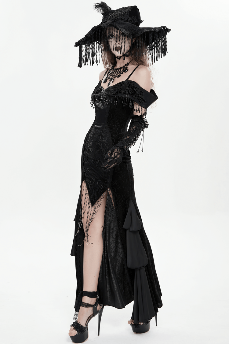 Gothic Black Lace Off-Shoulder Dress with Ruffles and Beads - image 22