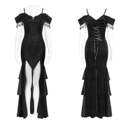 Gothic Black Lace Off-Shoulder Dress with Ruffles and Beads - image 3