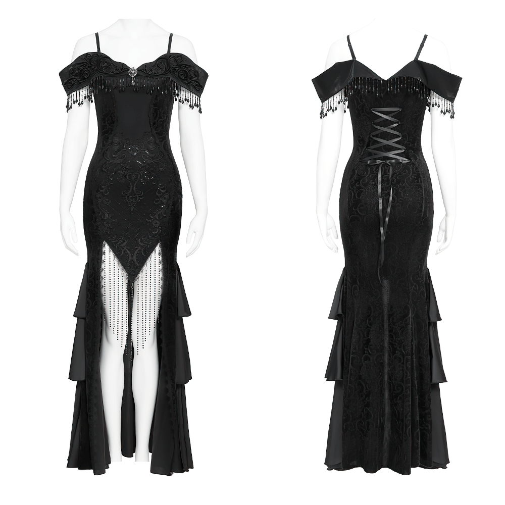 Gothic Black Lace Off-Shoulder Dress with Ruffles and Beads - image 3