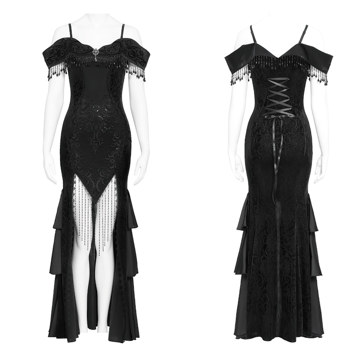 Gothic Black Lace Off-Shoulder Dress with Ruffles and Beads - image 3