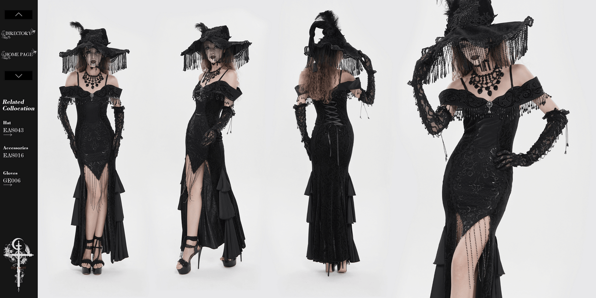 Gothic Black Lace Off-Shoulder Dress with Ruffles and Beads - image 23
