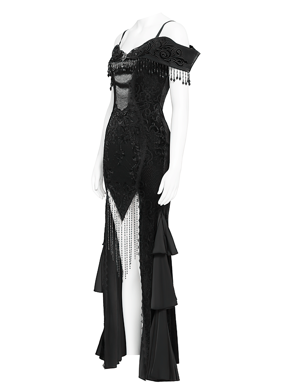 Gothic Black Lace Off-Shoulder Dress with Ruffles and Beads - image 5