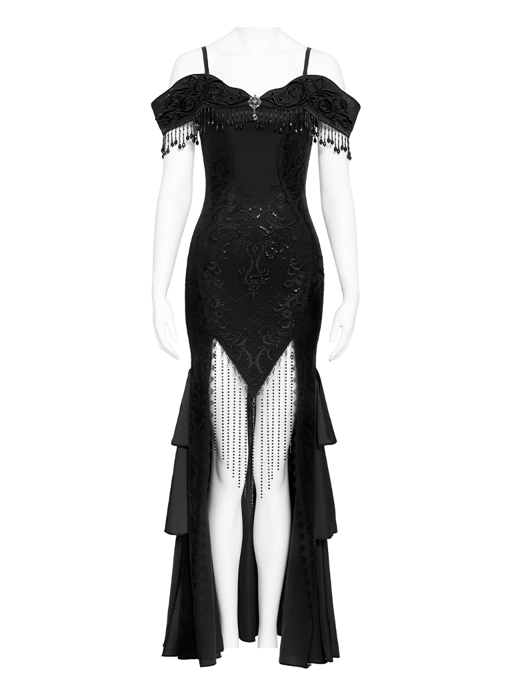 Gothic Black Lace Off-Shoulder Dress with Ruffles and Beads - image 4