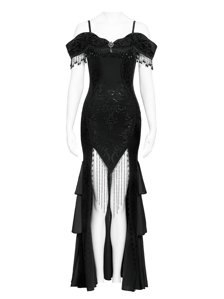 Gothic Black Lace Off-Shoulder Dress with Ruffles and Beads - image 4