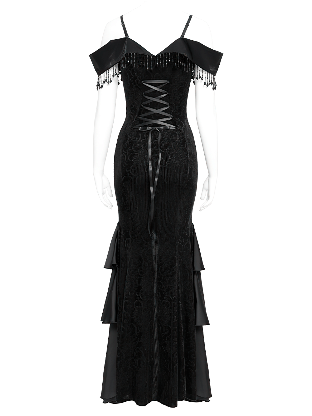 Gothic Black Lace Off-Shoulder Dress with Ruffles and Beads - image 6